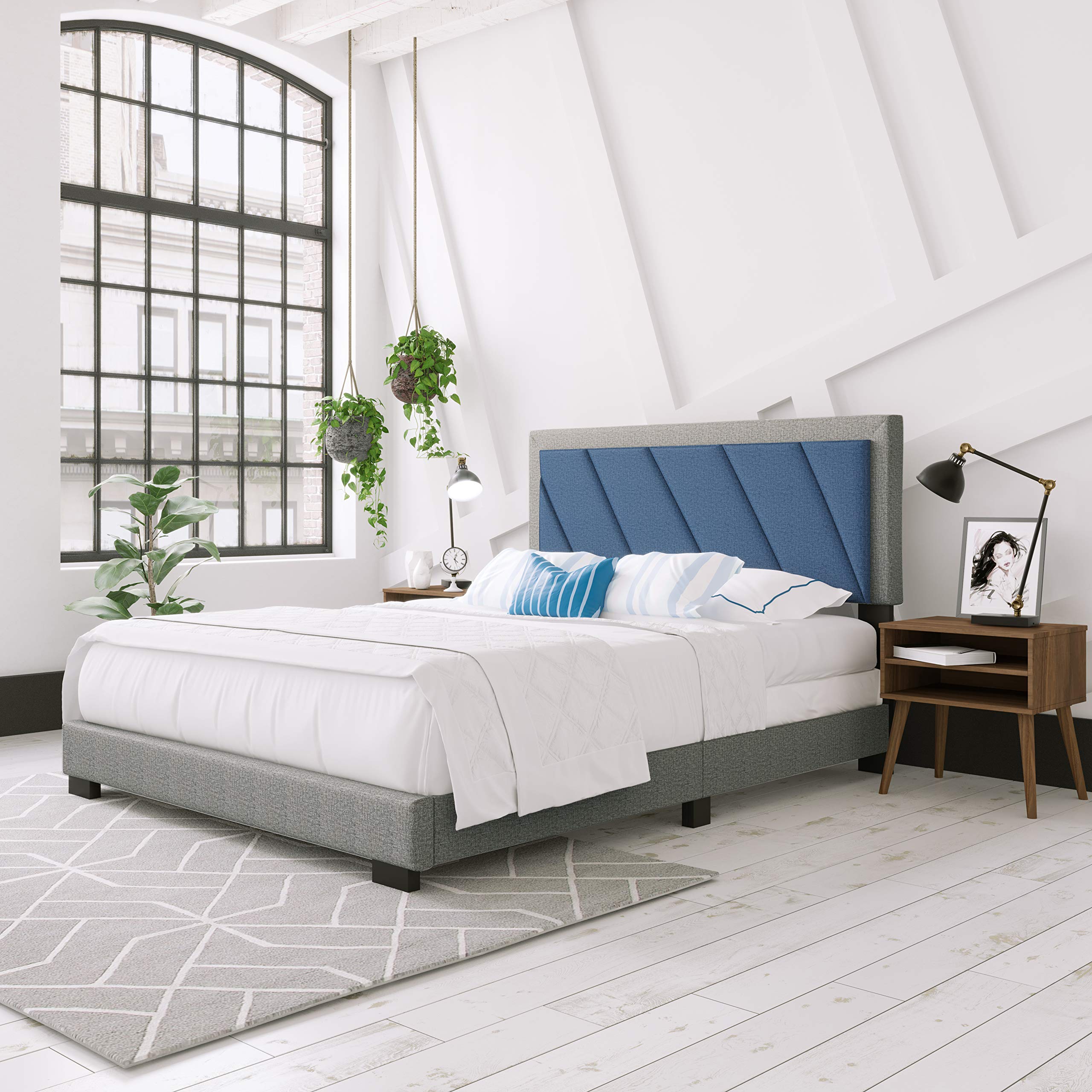 Boyd Sleep Diagonal Upholstered Platform Bed with Headboard and Durable Mattress Foundation with Strong 4 Wood Slat Supports, Box Spring Required: Queen, Blue/Gray